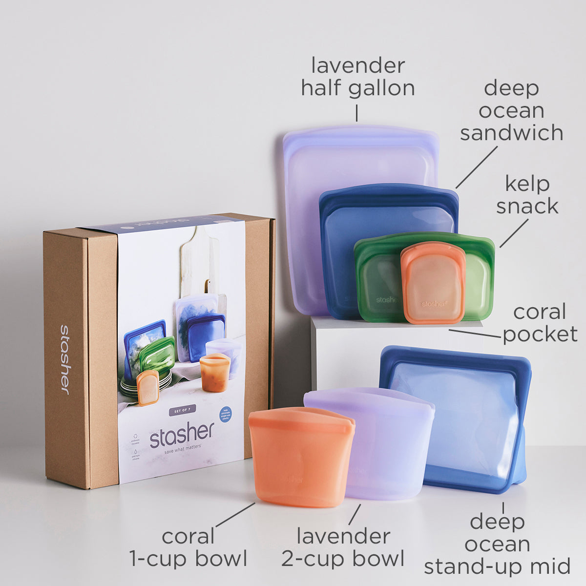 Stasher 7 Pack Gift Box Reusable Silicone Bags Stasher